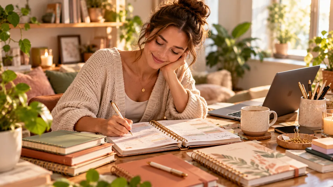 A calm, plant-filled desk with an open Arwign planner, pens and notebooks in warm morning light